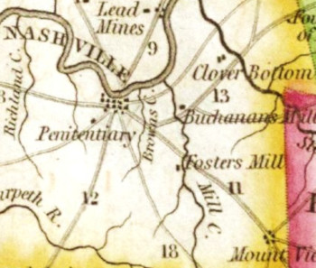 Detail from an 1845 map, published by Samuel Augustus Mitchell, showing Foster's Mill on Mill Creek at Murfreesboro Pike
