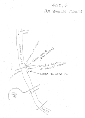 Map by John Dowd showing location of mounds at East Nashville Mounds site