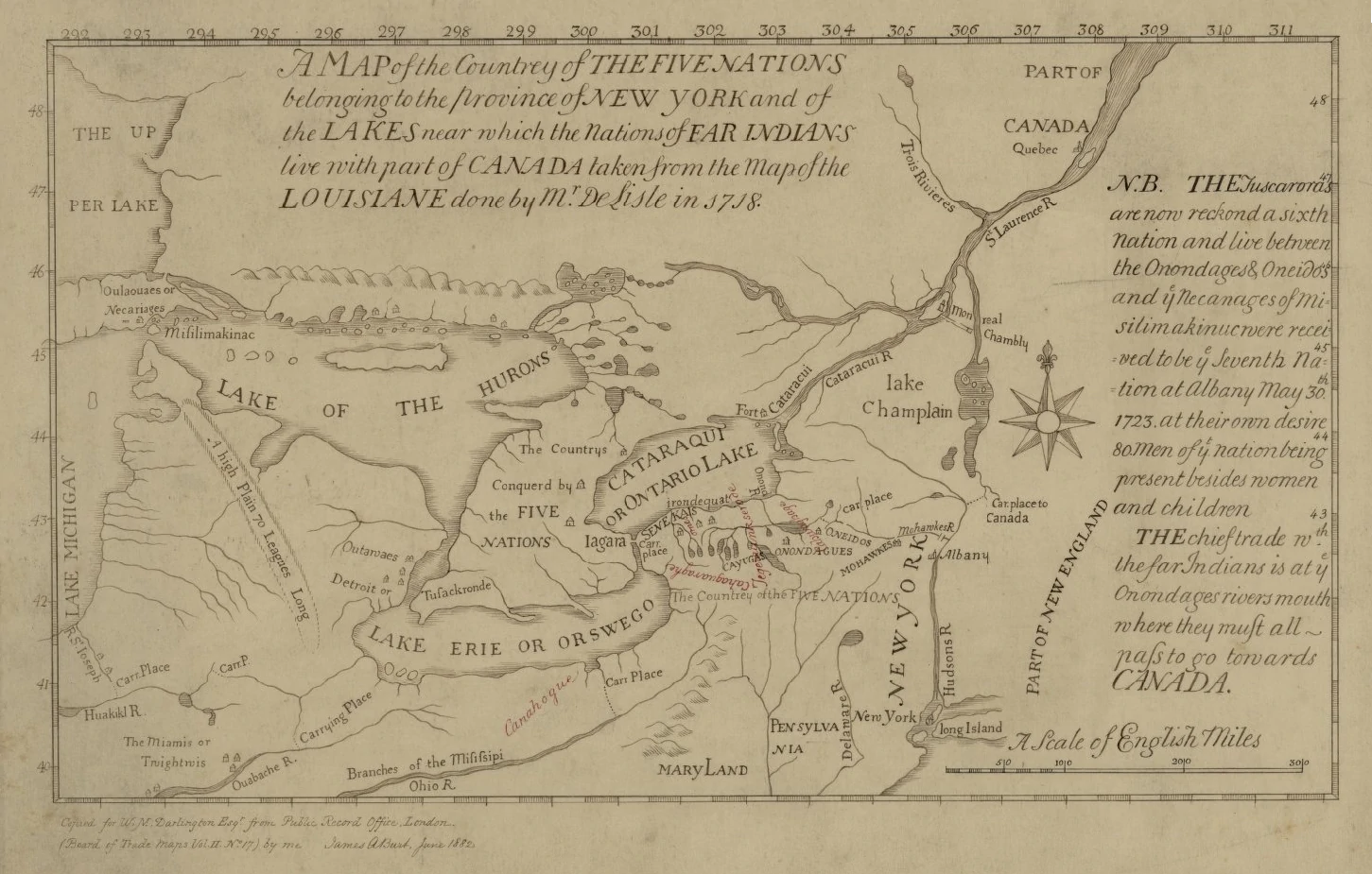 An 1882 facsimile of the map William Bradford first printed in New York with Cadwallader Colden’s 1724 trade papers. The lake is labeled CATARAQUI OR ONTARIO LAKE.