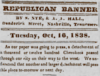 Nashville Republican Banner, October 16, 1939 article noting the first detachment of Cherokees passing through the city